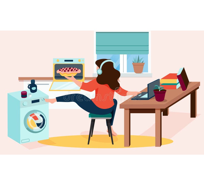 Busy woman working from home  cooking and doing household duties. Can use for backgrounds  infographics  hero images. Flat style modern vector illustration. Busy woman working from home  cooking and doing household duties. Can use for backgrounds  infographics  hero images. Flat style modern vector illustration