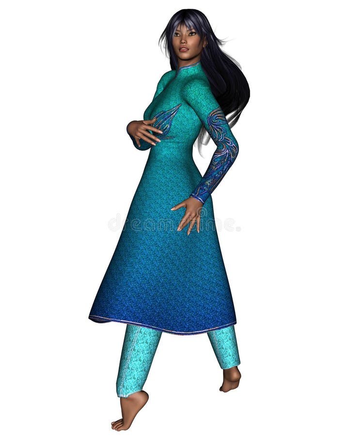 Digital render of a young oriental woman in peacock blue tunic and pants, turning around. Digital render of a young oriental woman in peacock blue tunic and pants, turning around