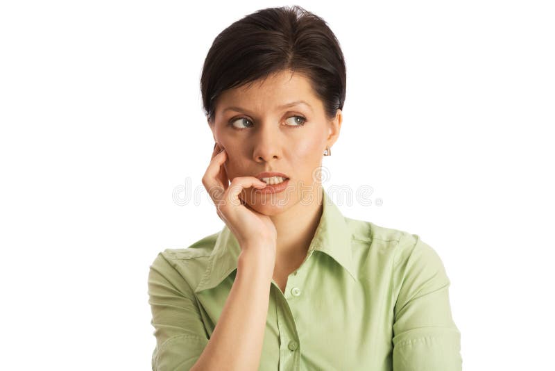 Mulher pensativa sobre fundo branco imagem de stock