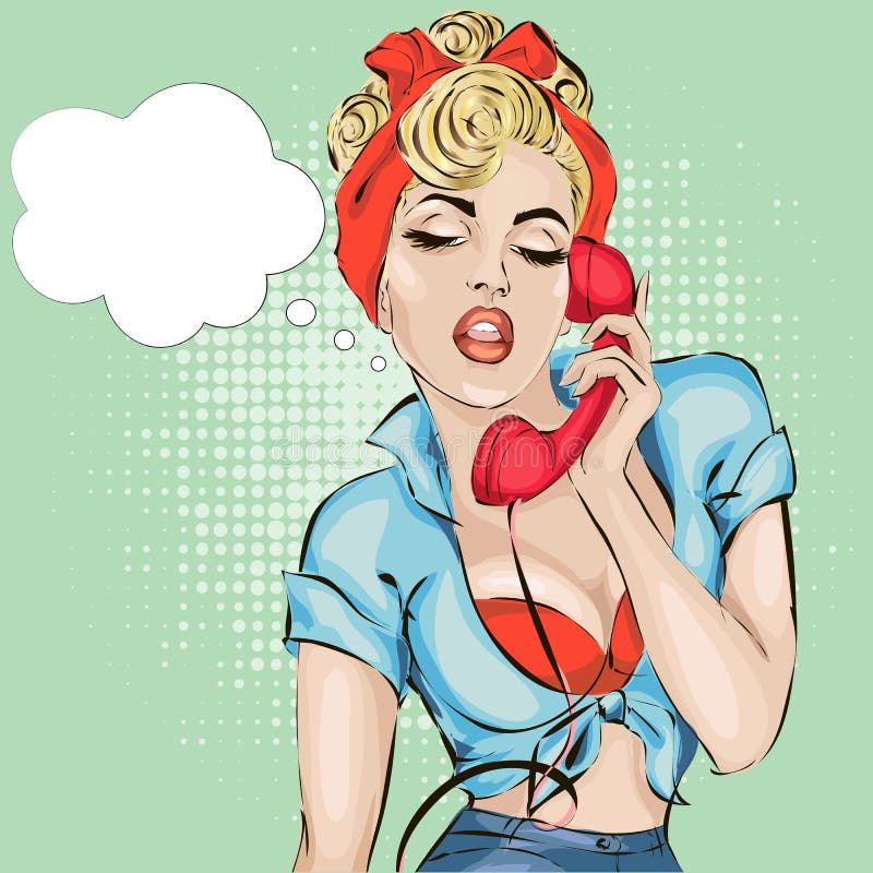 A mulher Pin-acima 'sexy' responde ao telefone Ilustração retro do estilo da banda desenhada do pop art do vetor ilustração stock A mulher Pin-acima 'sexy' responde ao telefone Ilustração retro do estilo da banda desenhada do pop art do vetor ilustração stock