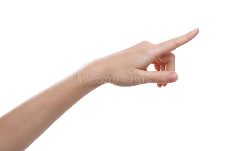 Mulher a apontar para algo num fundo branco imagens de stock royalty free