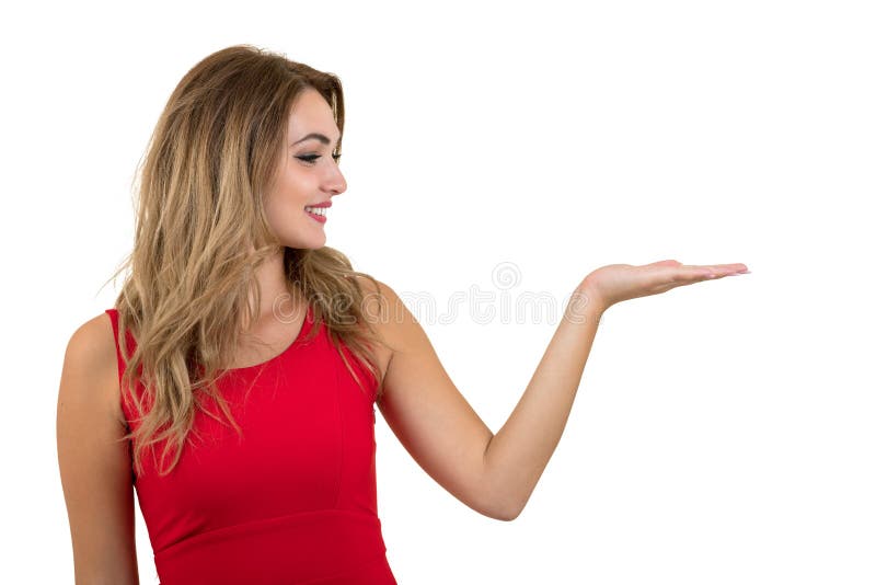 Mulher que aponta no sinal Mulher 'sexy' bonita nova que mostra o espaço da cópia no cartão vazio vazio do sinal ou de presente fotografia de stock Mulher que aponta no sinal Mulher 'sexy' bonita nova que mostra o espaço da cópia no cartão vazio vazio do sinal ou de presente fotografia de stock