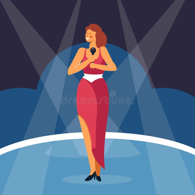 A mulher que canta canta com o microfone que está na fase ilustração do vetor A mulher que canta canta com o microfone que está na fase ilustração do vetor