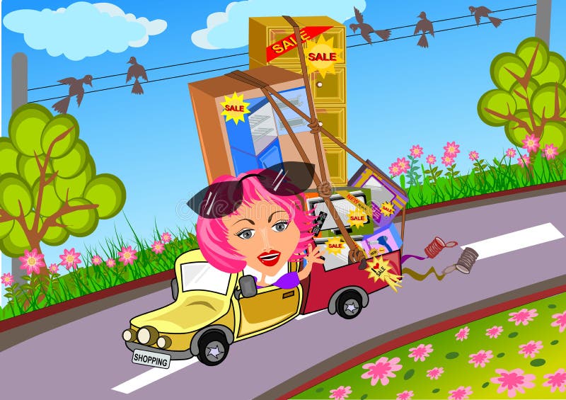 Mulher a conduzir o carro depois de fazer compras ilustração royalty free