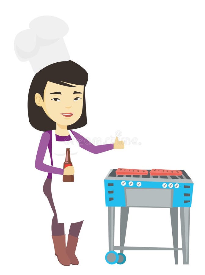Mulher que cozinha o bife na grade do assado ilustração stock Mulher que cozinha o bife na grade do assado ilustração stock
