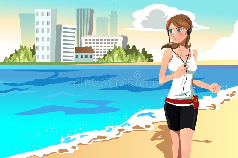 Mulher que funciona na praia ilustração do vetor Mulher que funciona na praia ilustração do vetor