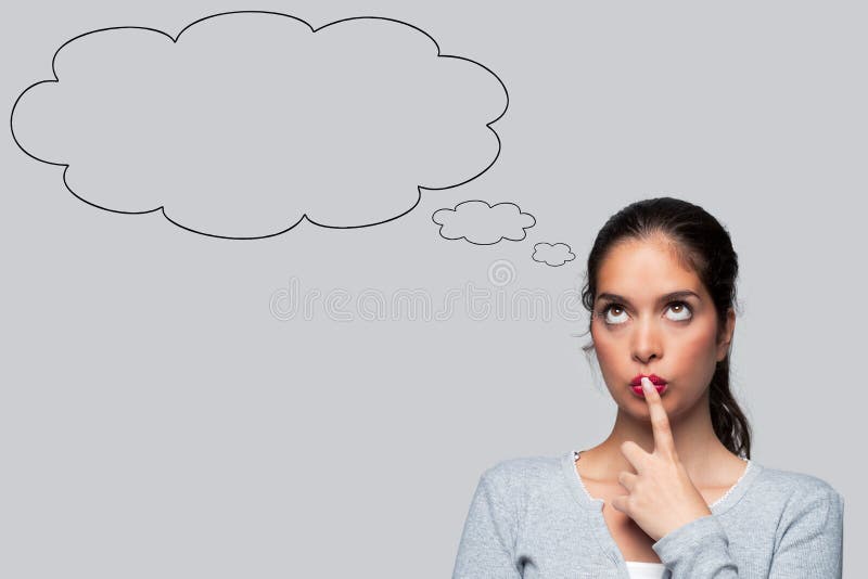 Mulher que pensa com bolhas em branco do pensamento fotos de stock Mulher que pensa com bolhas em branco do pensamento fotos de stock