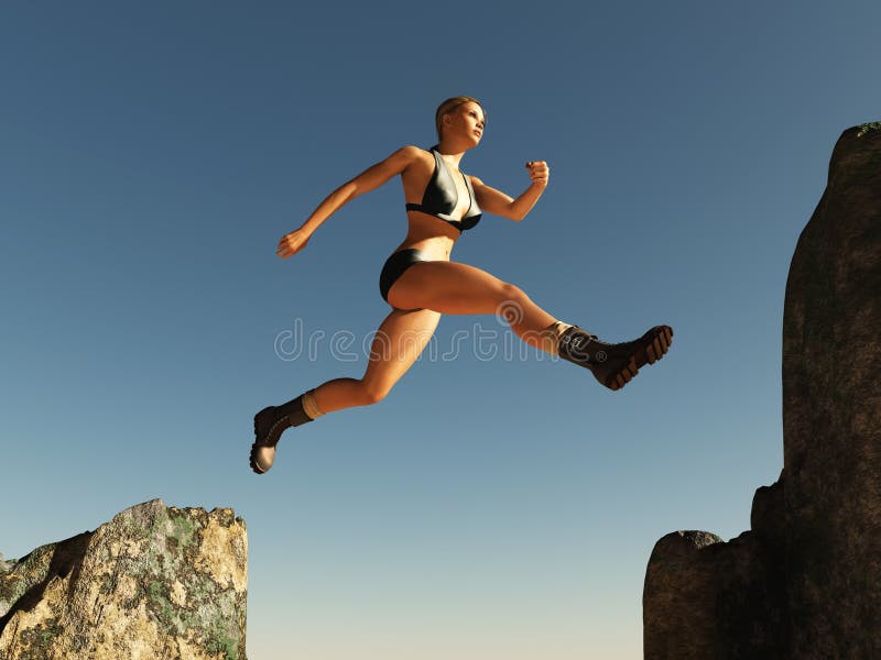 Mulher a saltar sobre a passagem imagens de stock