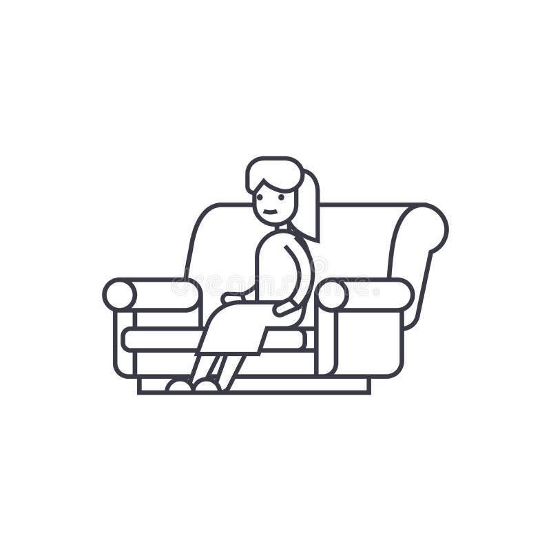 Mulher que senta-se na linha ícone do vetor do sofá, sinal, ilustração no fundo, cursos editáveis ilustração do vetor Mulher que senta-se na linha ícone do vetor do sofá, sinal, ilustração no fundo, cursos editáveis ilustração do vetor