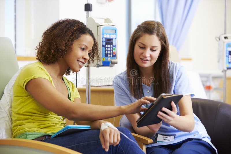 Mulher que tem a quimioterapia com enfermeira Using Digital Tablet imagens de stock Mulher que tem a quimioterapia com enfermeira Using Digital Tablet imagens de stock