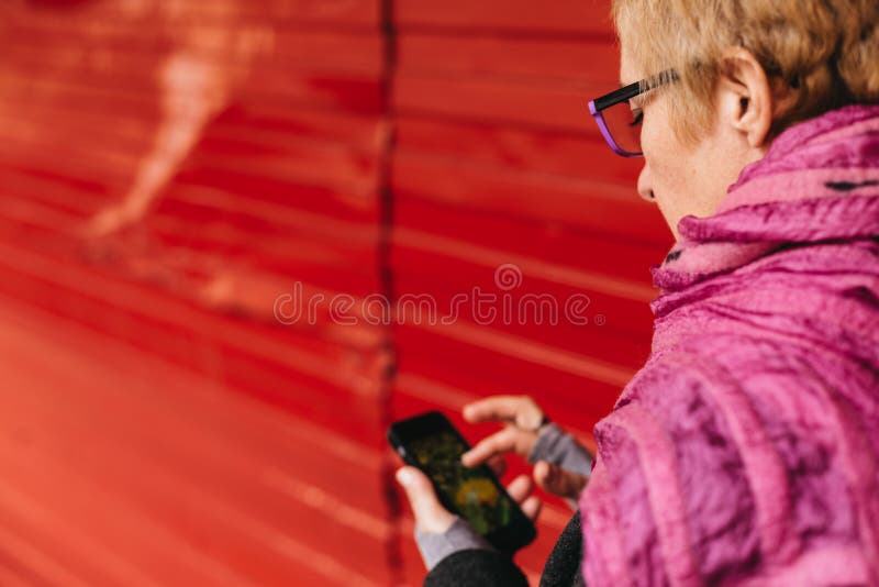 Mulher que texting na parede vermelha imagem de stock royalty free Mulher que texting na parede vermelha imagem de stock royalty free