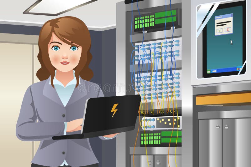 Mulher a trabalhar numa sala de servidores de computador ilustração stock