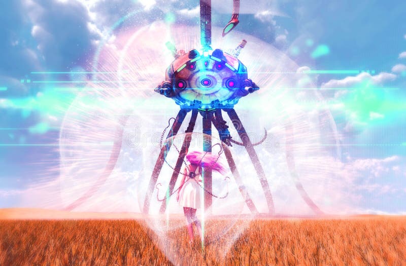 Mulher que é ataque por um mech gigante ilustração stock Mulher que é ataque por um mech gigante ilustração stock