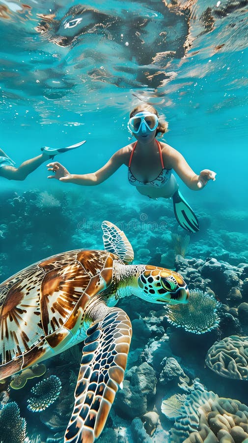 Mulher roncando com uma tartaruga verde ilustração stock