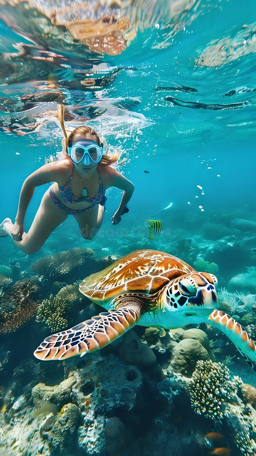 Mulher roncando com uma tartaruga verde ilustração stock