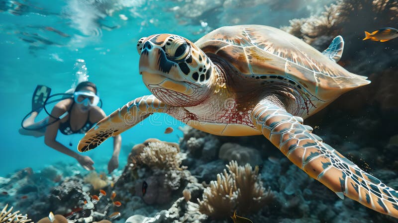 Mulher roncando com uma tartaruga verde ilustração do vetor