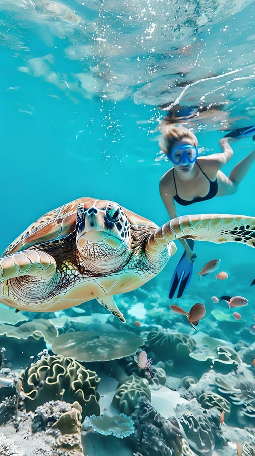 Mulher roncando com uma tartaruga verde ilustração royalty free