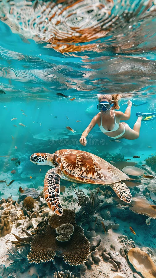 Mulher roncando com uma tartaruga verde ilustração do vetor