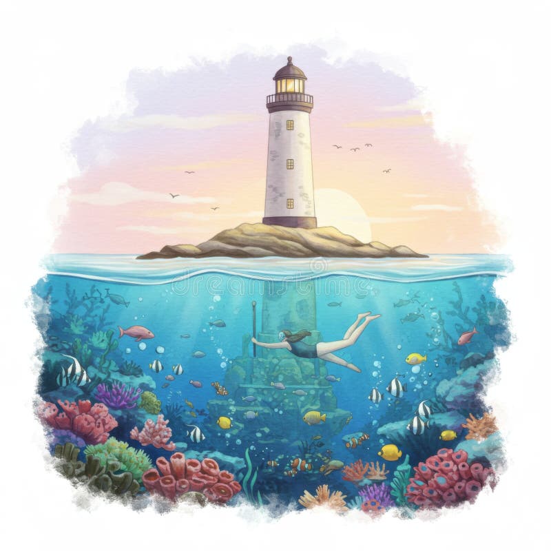 Mulher roncando perto de um farol no Sunset ilustração stock