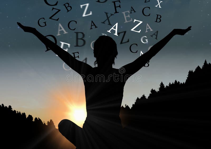 a mulher senta-se na silhueta da montanha com texto sobre Por do sol ilustração stock a mulher senta-se na silhueta da montanha com texto sobre Por do sol ilustração stock