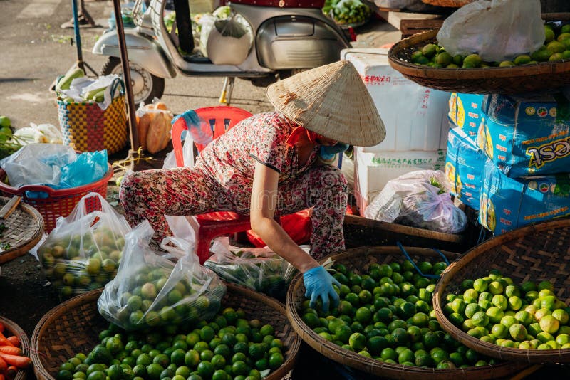 A mulher vende vegs no mercado da manhã, Nha Trang, Vietname. Nha Trang, Vietname - 14 de julho de 2016: A mulher vietnamiana no chapéu cônico vende frutos e vegs no mercado da manhã em Nha Trang, Vietname o 14 de julho de 2016