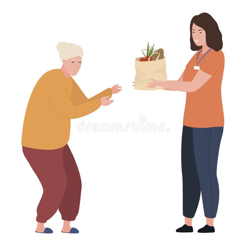 Mulher voluntária dando comida para velha sem-teto na cozinha de sopa pessoas  indefesas em má refeição