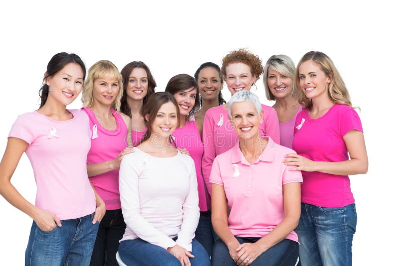 Mulheres Alegres Que Levantam E Que Vestem O Rosa Para O Câncer Da Mama  Foto de Stock - Imagem de para, rosa: 33387096