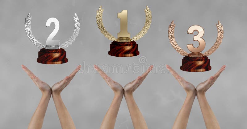 Digital composite of Women with trophies on hands. Digital composite of Women with trophies on hands