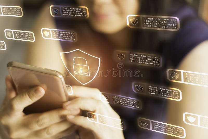 Mulheres com smartphone em mãos com ícone binário de tela de interface e de cadeia de blocos,conceito segurança de transações fin fotografia de stock Mulheres com smartphone em mãos com ícone binário de tela de interface e de cadeia de blocos,conceito segurança de transações fin fotografia de stock