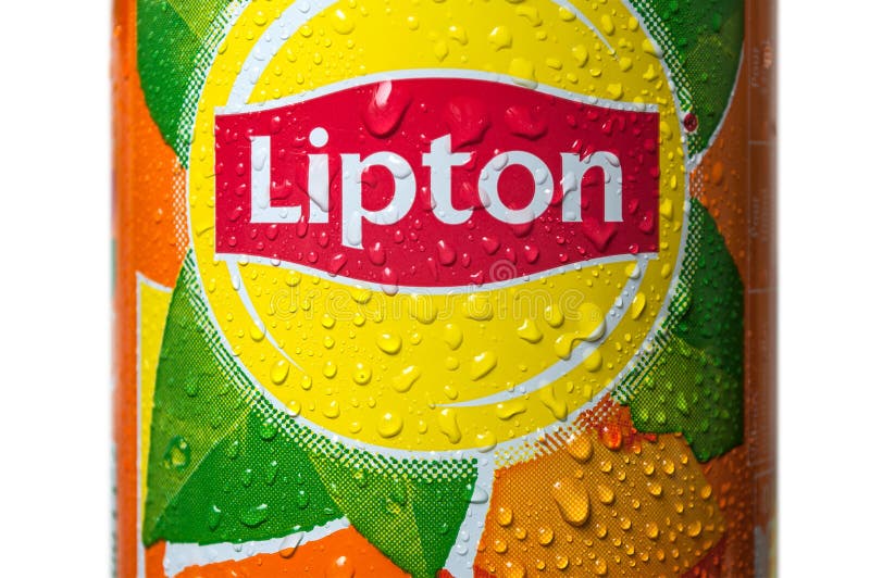 Closeup of Lipton ice tea can with drops of water on white background