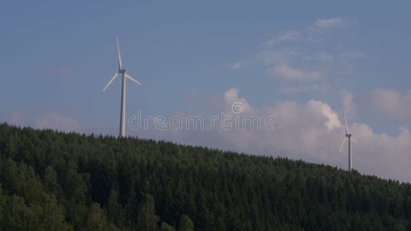 Mulini a vento bianchi sopra una foresta di decidue verdi in montagna sullo sfondo di nuvoloso cielo estivo. paesaggio verde a sca