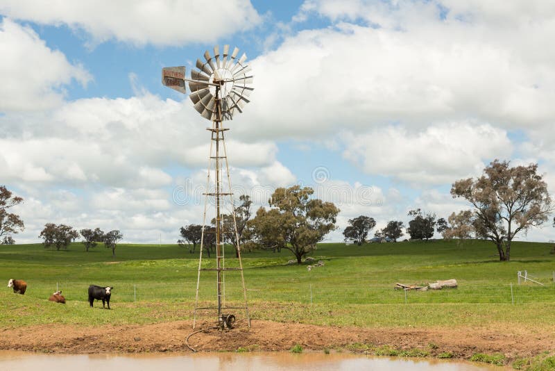 Mulino a vento e pascolo australiani dell'azienda agricola fotografia stock Mulino a vento e pascolo australiani dell'azienda agricola fotografia stock
