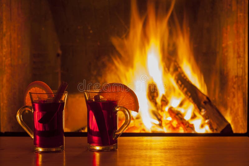Mulled Wine at Cozy Fireplace Firelight only Stock Photo Image of