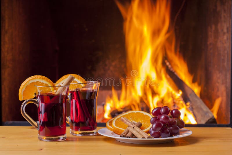 Mulled Wine at Cozy Fireplace Firelight only Stock Photo Image of