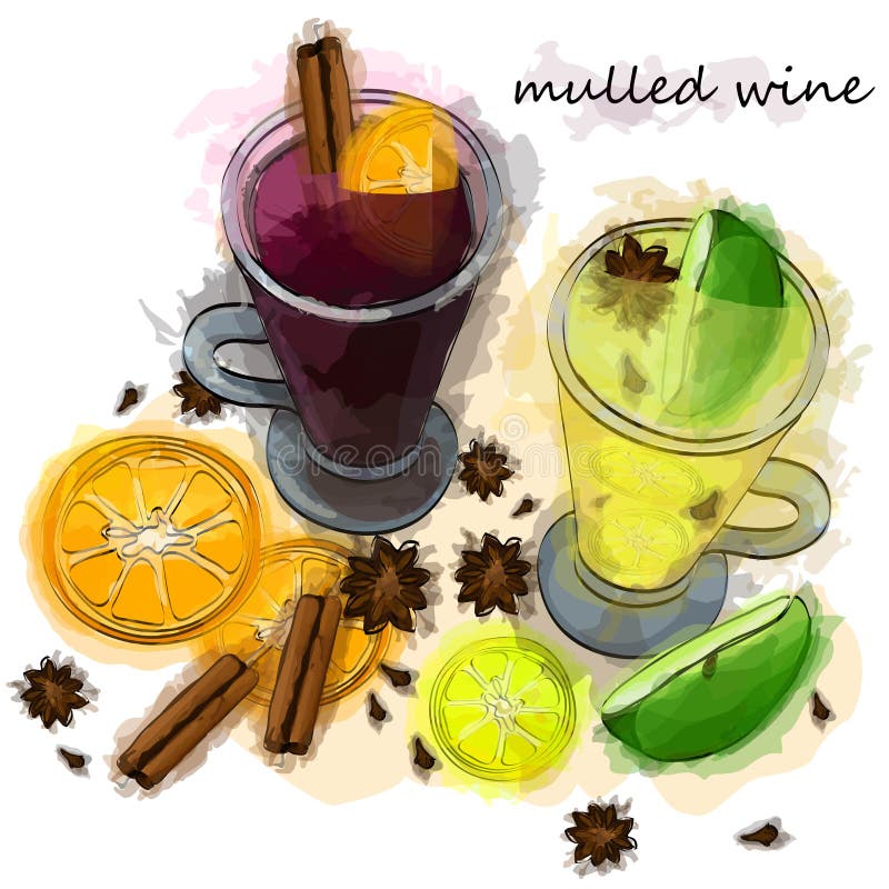 Mulled Wine, White and Red Hot Wine with Fruit and Spices Stock Vector