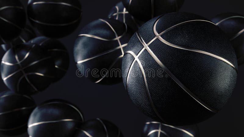 Multe bile negre de baschet cu linie metalică aurie într-o grămadă nesfârșită văzută din față. fundal întunecat. con futurist royalty free stock photography