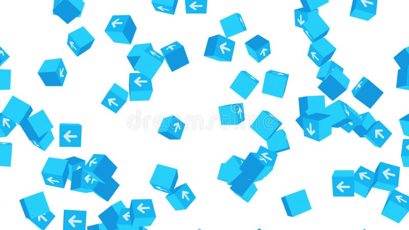 Multe cuburi albastre cu săgeți plutind pe fond alb. concept business. provocare. punct către obiectiv. animație în buclă. stock illustration