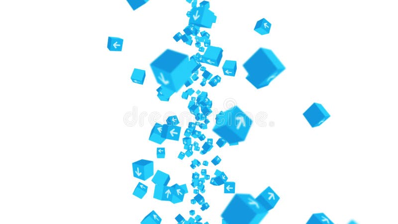 Multe cuburi albastre cu săgeți plutind pe fond alb. concept business. provocare. punct către obiectiv. animație în buclă. royalty free illustration