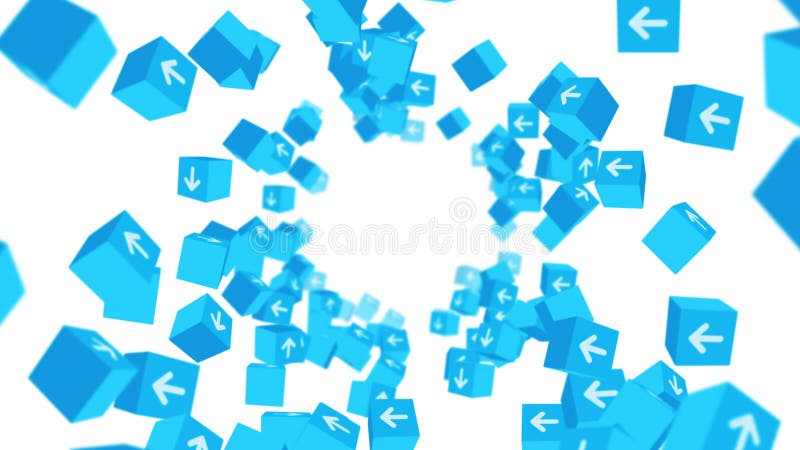 Multe cuburi albastre cu săgeți plutind pe fond alb. concept business. provocare. punct către obiectiv. animație în buclă. stock illustration
