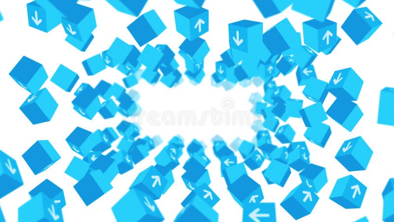 Multe cuburi albastre cu săgeți plutind pe fond alb. concept business. provocare. punct către obiectiv. animație în buclă. vector illustration