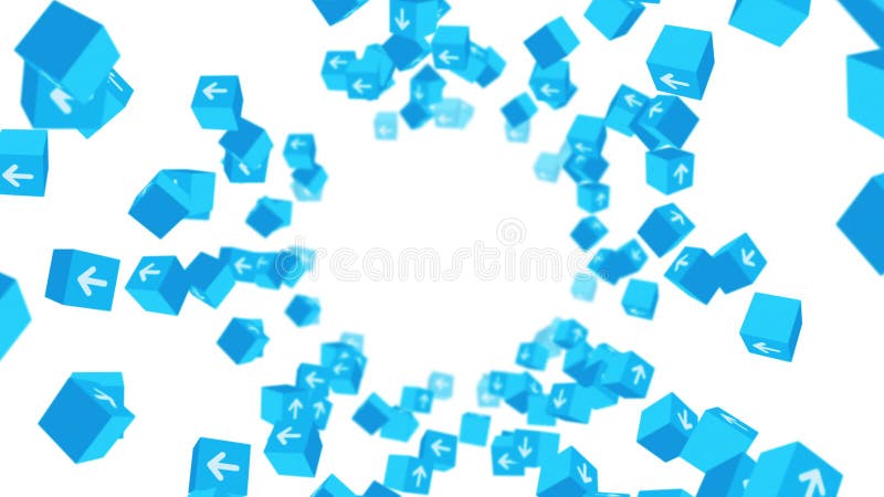 Multe cuburi albastre cu săgeți plutind pe fond alb. concept business. provocare. punct către obiectiv. animație în buclă. royalty free illustration