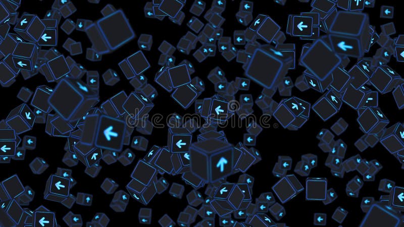 Multe cuburi fluorescente cu săgeți plutitoare pe fond negru. concept business. provocare. punct către obiectiv. buclă. royalty free illustration