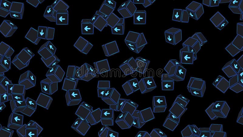 Multe cuburi fluorescente cu săgeți plutitoare pe fond negru. concept business. provocare. punct către obiectiv. buclă. stock illustration