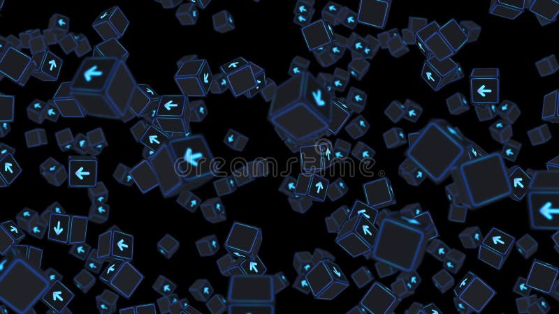 Multe cuburi fluorescente cu săgeți plutitoare pe fond negru. concept business. provocare. punct către obiectiv. buclă. vector illustration
