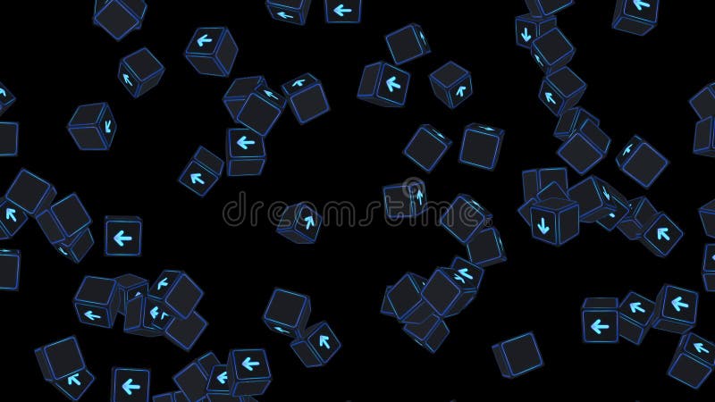 Multe cuburi fluorescente cu săgeți plutitoare pe fond negru. concept business. provocare. punct către obiectiv. buclă. royalty free illustration