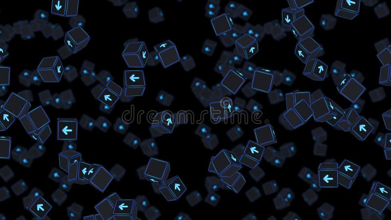 Multe cuburi fluorescente cu săgeți plutitoare pe fond negru. concept business. provocare. punct către obiectiv. buclă. vector illustration