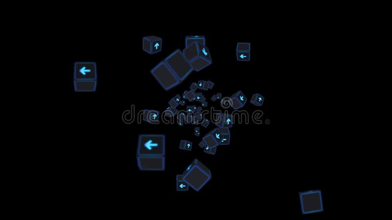 Multe cuburi fluorescente cu săgeți plutitoare pe fond negru. concept business. provocare. punct către obiectiv. buclă. vector illustration