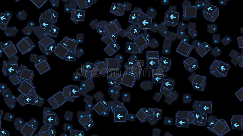 Multe cuburi fluorescente cu săgeți plutitoare pe fond negru. concept business. provocare. punct către obiectiv. buclă. royalty free illustration