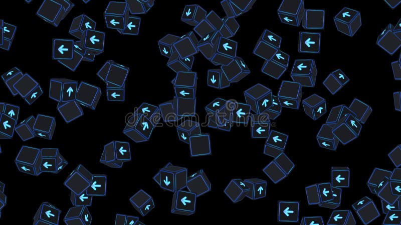 Multe cuburi fluorescente cu săgeți plutitoare pe fond negru. concept business. provocare. punct către obiectiv. buclă. vector illustration