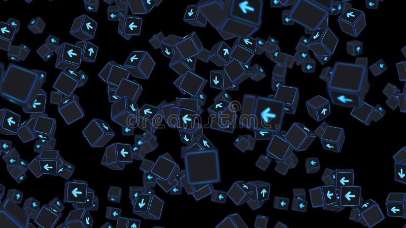 Multe cuburi fluorescente cu săgeți plutitoare pe fond negru. concept business. provocare. punct către obiectiv. buclă. royalty free illustration